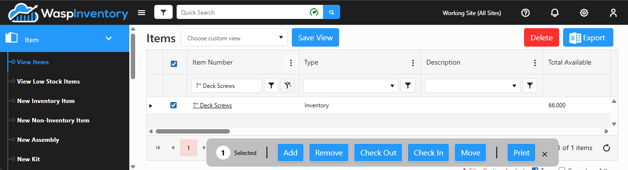 The Item Grid action bar