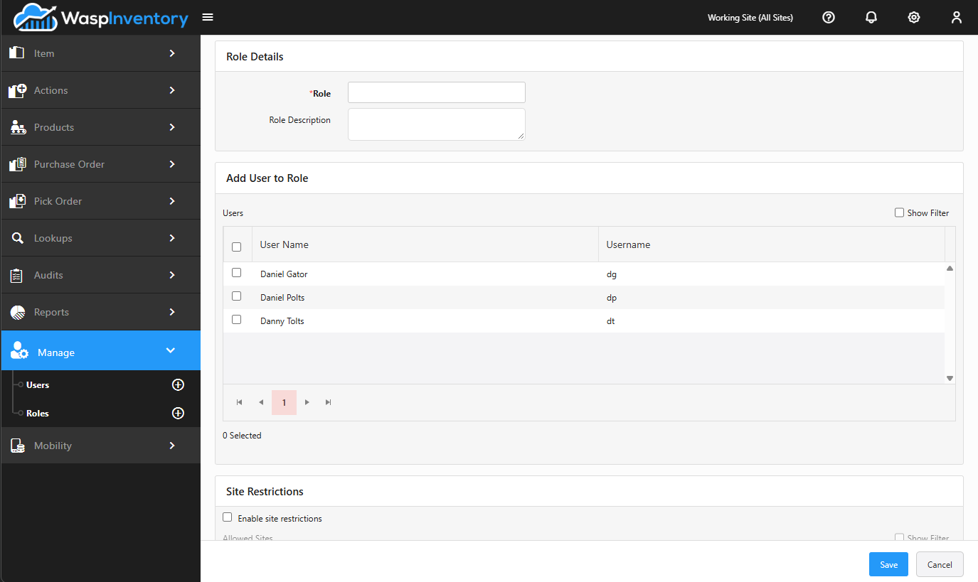 Role name, assigned users, and site access