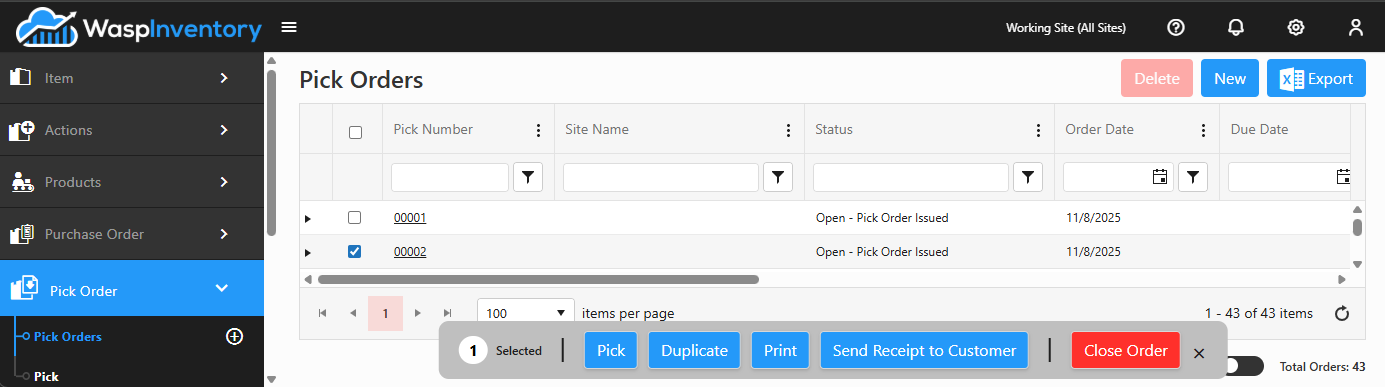 The Pick Orders action bar