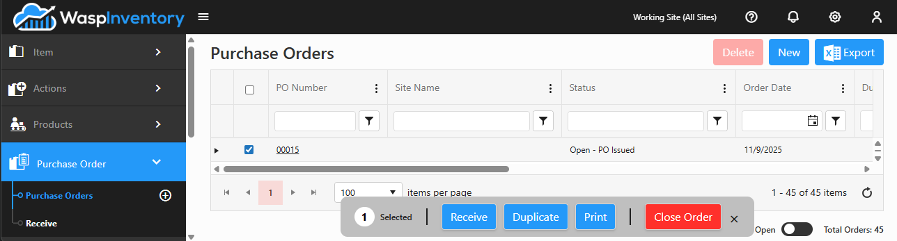 The Purchase Orders action bar