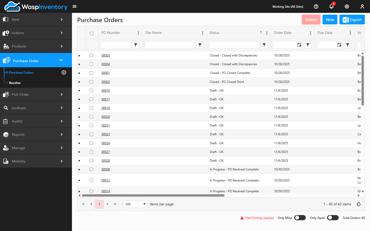 The Purchase Orders grid